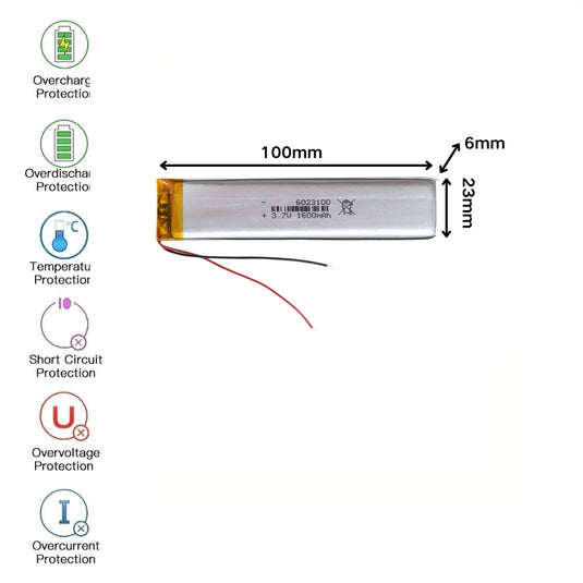 [PH2.0-JST Connector][6023100] Universal 1600mAh 3.7V Rechargeable Li-Ion Lithium Polymer Battery - Polar Tech Australia