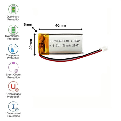 [PH2.0-JST Connector][602040] Universal 450mAh 3.7V Rechargeable Li-Ion Lithium Polymer Battery - Polar Tech Australia