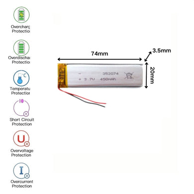 [PH2.0-JST Connector][352074] Universal 450mAh 3.7V Rechargeable Li-Ion Lithium Polymer Battery - Polar Tech Australia