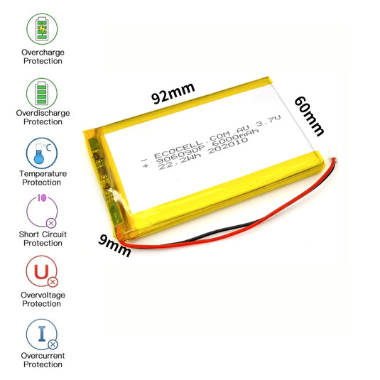 [PH2.0-JST Connector][906090] Universal 6000mAh 3.7V Rechargeable Li-Ion Lithium Polymer Battery - Polar Tech Australia
