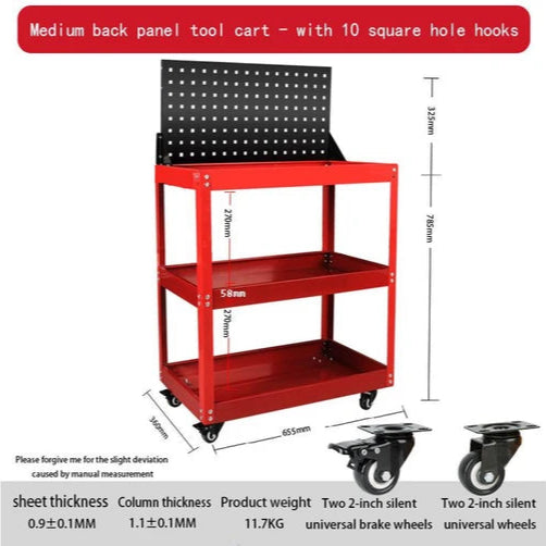 Load image into Gallery viewer, Heavy Duty 3 Tiers Metal Tool Trolley Cart With Pegboard Hooks Workshop Tool Storage Push Trolleys
