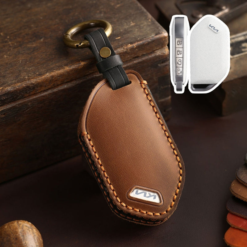 Chargez l&#39;image dans la visionneuse de la galerie, Kia Handcrafted Genuine Leather Car Key Protective Fob Cover Case For Carnival, Ev9, Picanto, Gt Line
