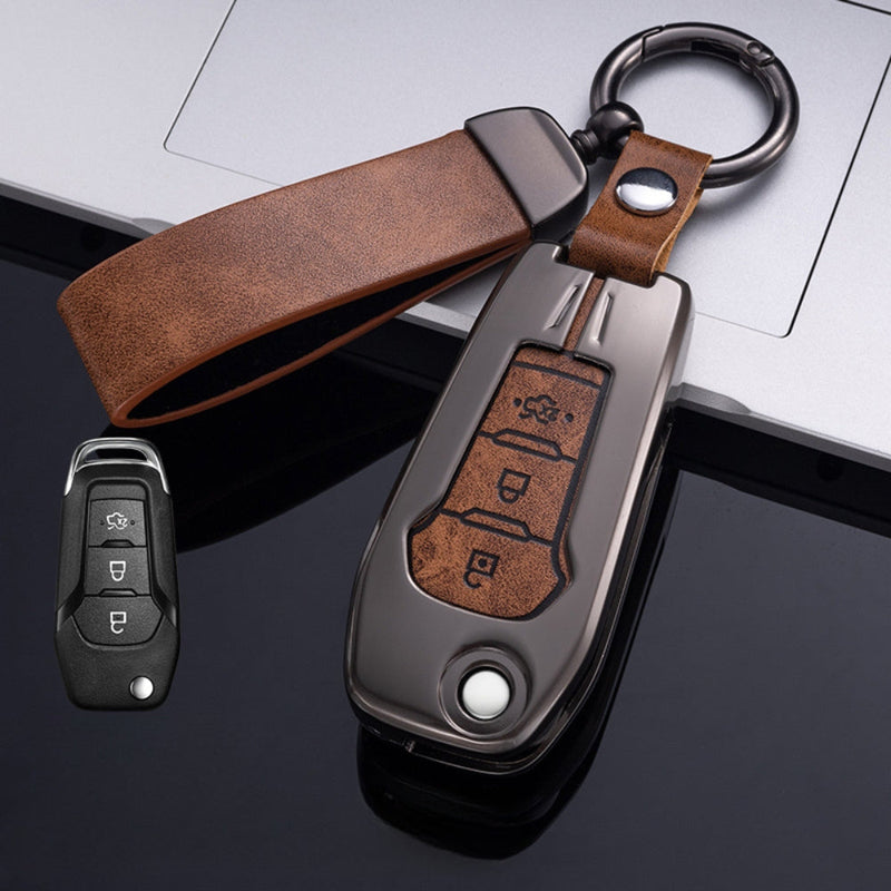 Load image into Gallery viewer, Ford Zinc Alloy Leather Folding Car Key Fob Case Cover For Ranger, Mustang, Everest, Escape, Puma, Transit, Focus, Fiesta, Ranger Raptor, Mondeo
