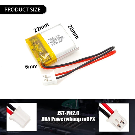 [PH2.0-JST Connector][602020] Universal 180mAh 3.7V Rechargeable Li-Ion Lithium Polymer Battery - Polar Tech Australia