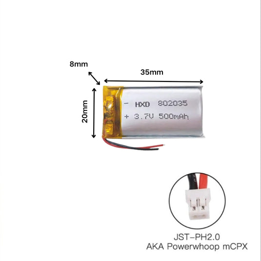 [PH2.0-JST Connector][802035] Universal 500mAh 3.7V Rechargeable Li-Ion Lithium Polymer Battery - Polar Tech Australia