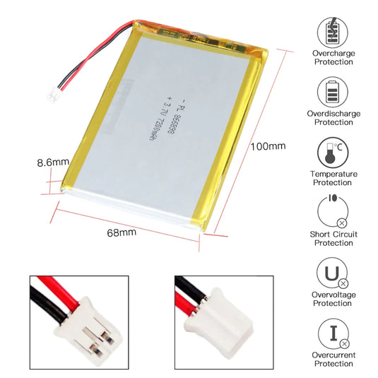 [PH2.0-JST Connector][866898] Universal 7200mAh 3.7V Rechargeable Li-Ion Lithium Polymer Battery - Polar Tech Australia