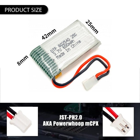 [PH2.0-JST Connector][802540] Universal 600mAh 3.7V Rechargeable Li-Ion Lithium Polymer Battery - Polar Tech Australia