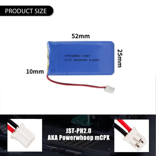[PH2.0-JST Connector][102550] Universal 1400mAh 3.7V Rechargeable Li-Ion Lithium Polymer Battery - Polar Tech Australia