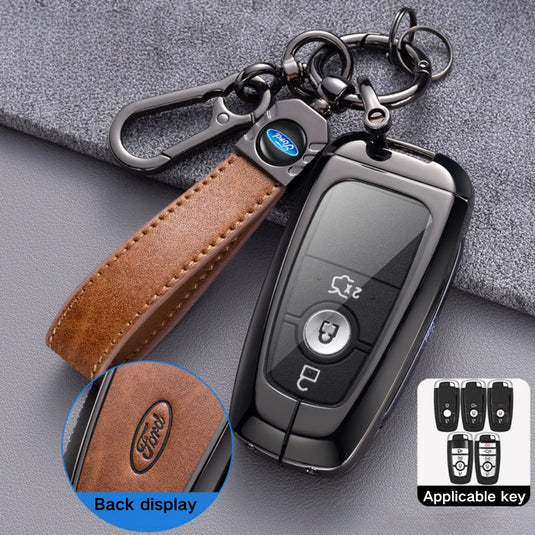 Ford Alloy + Leather Protection Car Key Fob Case Cover For Ranger, Wildtrak, Everest, Explorer, Ecosport, Edge, Escape, Focus, Fiesta, Mustang