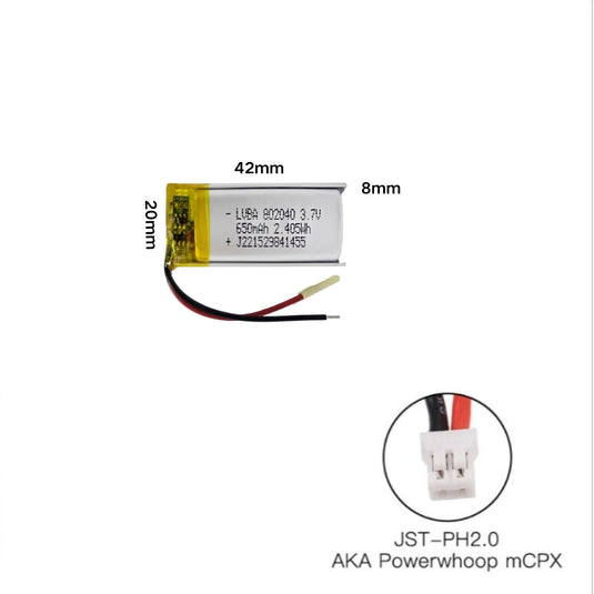 [PH2.0-JST Connector][802040] Universal 650mAh 3.7V Rechargeable Li-Ion Lithium Polymer Battery - Polar Tech Australia