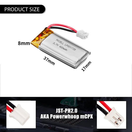 [PH2.0-JST Connector][801735] Universal 400mAh 3.7V Rechargeable Li-Ion Lithium Polymer Battery - Polar Tech Australia