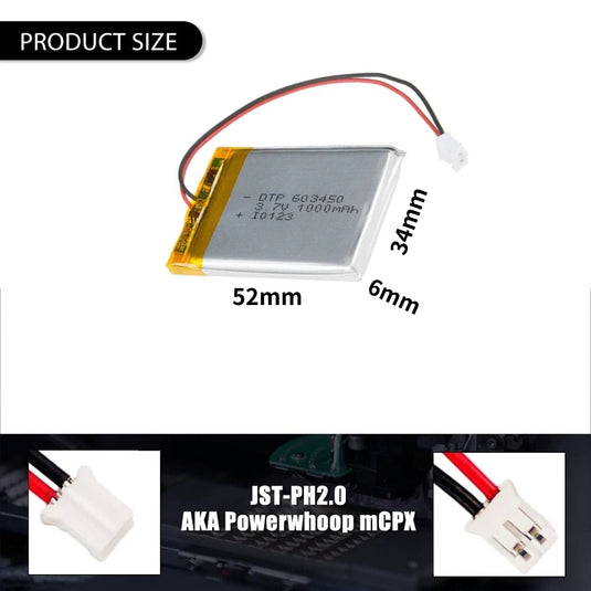 [PH2.0-JST Connector][603450] Universal 1000mAh 3.7V Rechargeable Li-Ion Lithium Polymer Battery - Polar Tech Australia