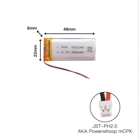 [PH2.0-JST Connector][602248] Universal 650mAh 3.7V Rechargeable Li-Ion Lithium Polymer Battery - Polar Tech Australia