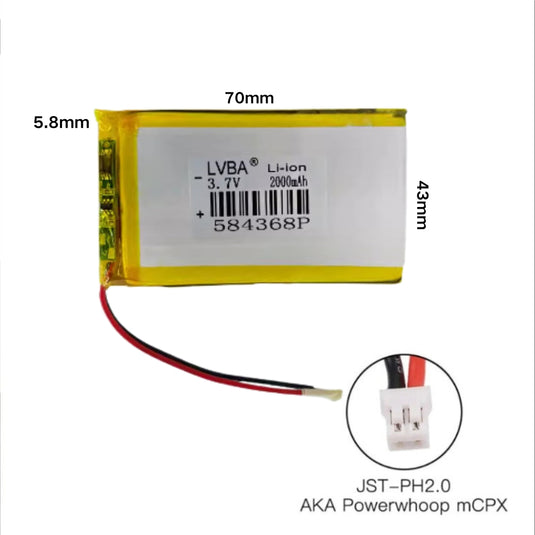 [PH2.0-JST Connector][584368] Universal 2000mAh 3.7V Rechargeable Li-Ion Lithium Polymer Battery - Polar Tech Australia