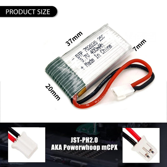 [PH2.0-JST Connector][702035] Universal 400mAh 3.7V Rechargeable Li-Ion Lithium Polymer Battery - Polar Tech Australia