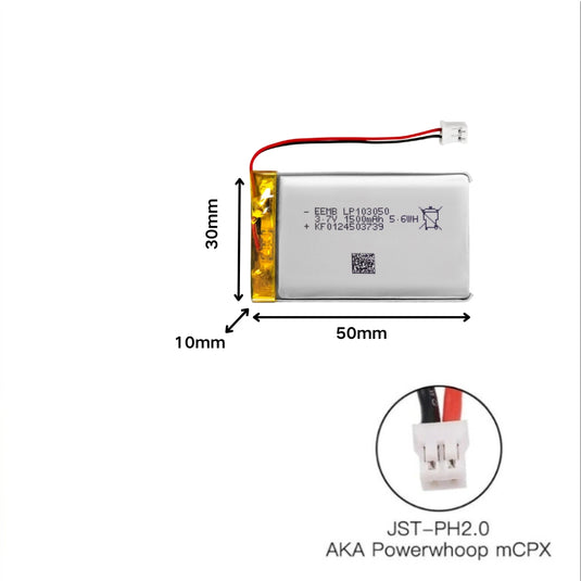 [PH2.0-JST Connector][103050] Universal 1500mAh 3.7V Rechargeable Li-Ion Lithium Polymer Battery - Polar Tech Australia