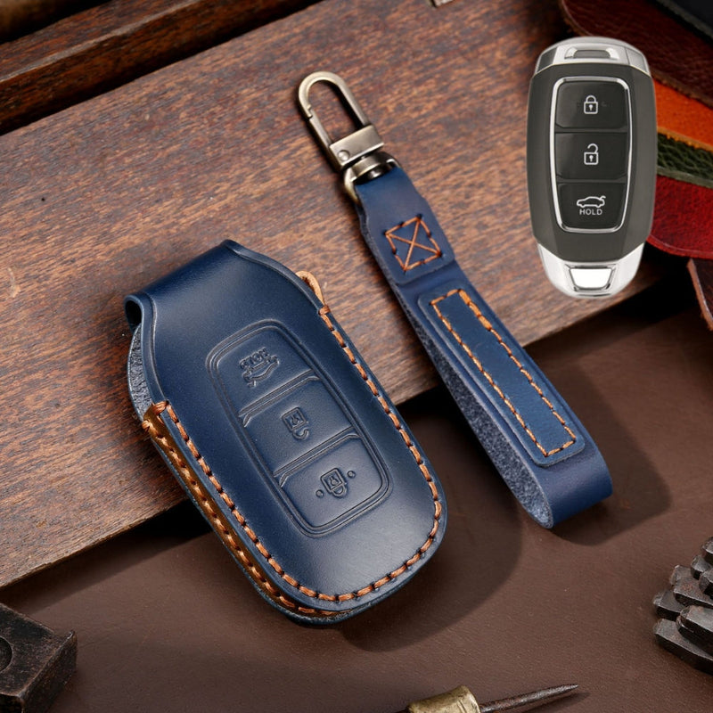 Chargez l&#39;image dans la visionneuse de la galerie, Hyundai Handcrafted Genuine Leather Car Key Fob Protective Case Cover For Santa Fe, Tucson, Palisade, Kona, Santa Fe, Azera
