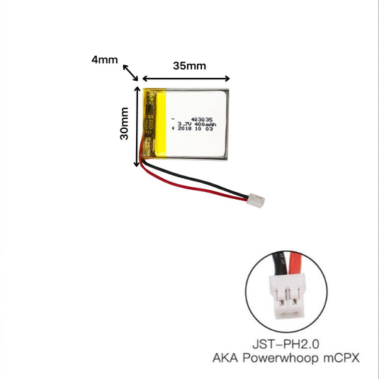 [PH2.0-JST Connector][403035] Universal 400mAh 3.7V Rechargeable Li-Ion Lithium Polymer Battery - Polar Tech Australia