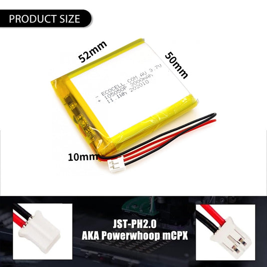 [PH2.0-JST Connector][105050] Universal 3000mAh 3.7V Rechargeable Li-Ion Lithium Polymer Battery - Polar Tech Australia
