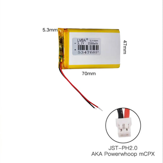 [PH2.0-JST Connector][534768] Universal 2200mAh 3.7V Rechargeable Li-Ion Lithium Polymer Battery - Polar Tech Australia