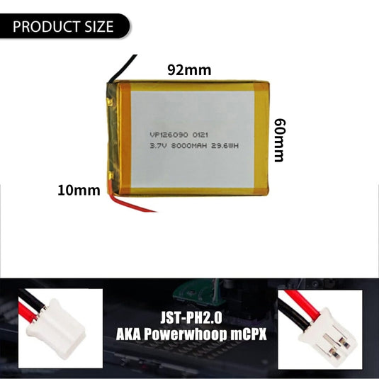 [PH2.0-JST Connector][126090] Universal 8000mAh 3.7V Rechargeable Li-Ion Lithium Polymer Battery - Polar Tech Australia