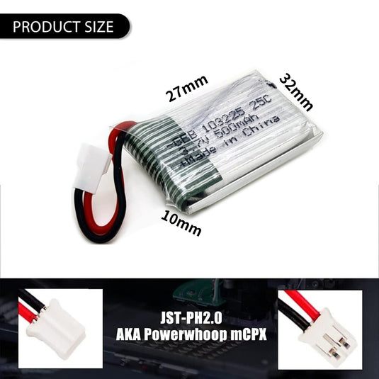 [PH2.0-JST Connector][103225] Universal 500mAh 3.7V Rechargeable Li-Ion Lithium Polymer Battery - Polar Tech Australia
