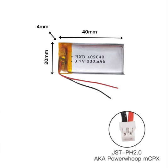 [PH2.0-JST Connector][402040] Universal 330mAh 3.7V Rechargeable Li-Ion Lithium Polymer Battery - Polar Tech Australia