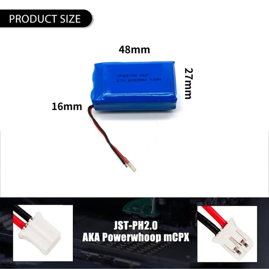 [PH2.0-JST Connector][162746] Universal 2000mAh 3.7V Rechargeable Li-Ion Lithium Polymer Battery - Polar Tech Australia