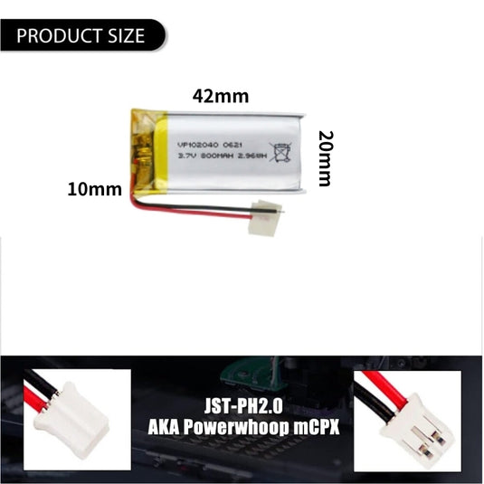 [PH2.0-JST Connector][102040] Universal 850mAh 3.7V Rechargeable Li-Ion Lithium Polymer Battery - Polar Tech Australia