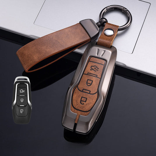 Ford Zinc Alloy Leather Folding Car Key Fob Case Cover For Ranger, Mustang, Everest, Escape, Puma, Transit, Focus, Fiesta, Ranger Raptor, Mondeo