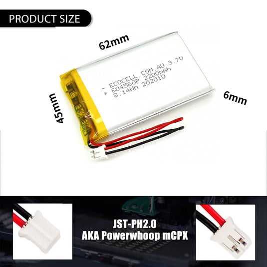 [PH2.0-JST Connector][604560] Universal 2200mAh 3.7V Rechargeable Li-Ion Lithium Polymer Battery - Polar Tech Australia
