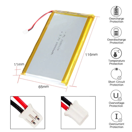 [PH2.0-JST Connector][1165114] Universal 10000mAh 3.7V Rechargeable Li-Ion Lithium Polymer Battery - Polar Tech Australia