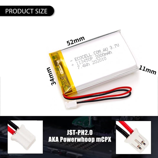 [PH2.0-JST Connector][113450] Universal 2000mAh 3.7V Rechargeable Li-Ion Lithium Polymer Battery - Polar Tech Australia