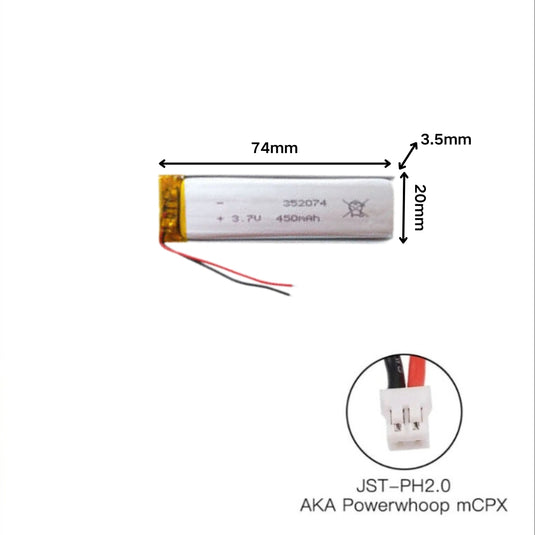 [PH2.0-JST Connector][352074] Universal 450mAh 3.7V Rechargeable Li-Ion Lithium Polymer Battery - Polar Tech Australia