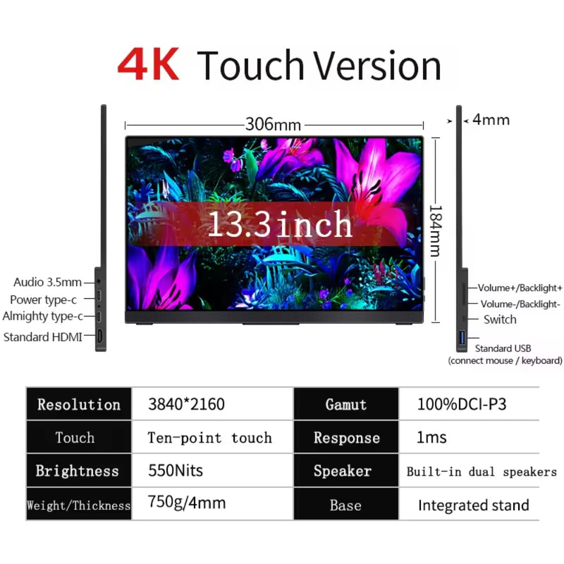 Cargue la imagen en el visor de la galería, [SU13] 13.3 Inch 4K OLED Portable Monitor AMOLED 100% DCI-P3 USB-C Second Gaming Screen for Laptop Xbox Switch PS5/4 Macbook
