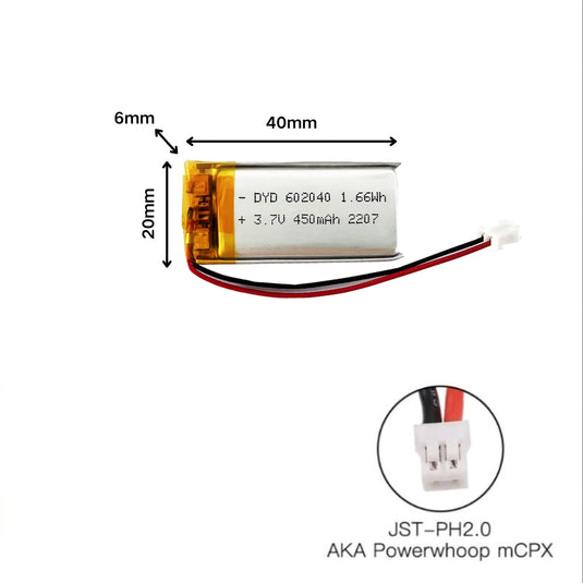 [PH2.0-JST Connector][602040] Universal 450mAh 3.7V Rechargeable Li-Ion Lithium Polymer Battery - Polar Tech Australia
