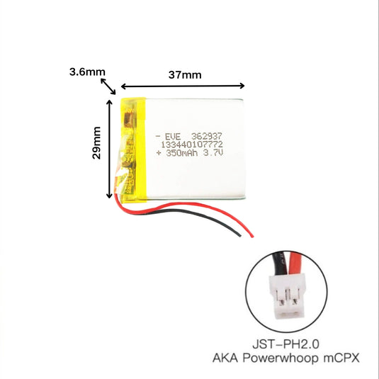 [PH2.0-JST Connector][362937] Universal 350mAh 3.7V Rechargeable Li-Ion Lithium Polymer Battery - Polar Tech Australia