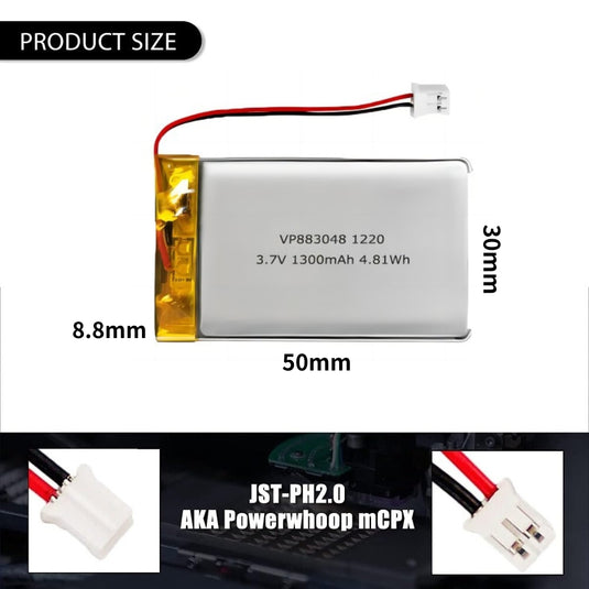 [PH2.0-JST Connector][883048] Universal 1300mAh 3.7V Rechargeable Li-Ion Lithium Polymer Battery - Polar Tech Australia