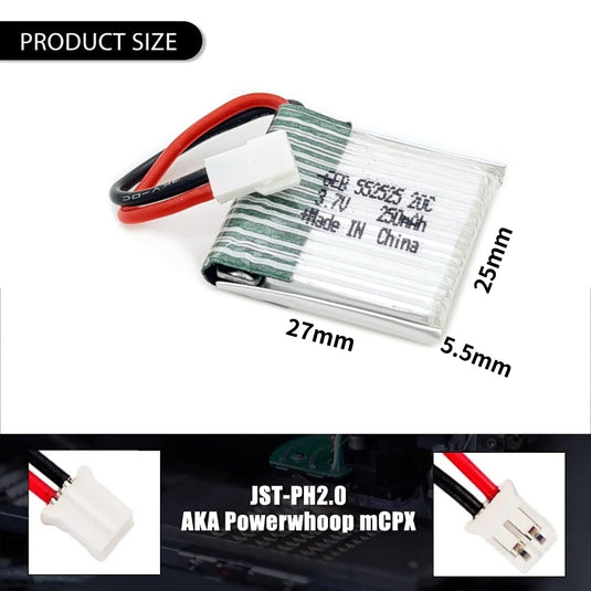 [PH2.0-JST Connector][552525] Universal 250mAh 3.7V Rechargeable Li-Ion Lithium Polymer Battery - Polar Tech Australia