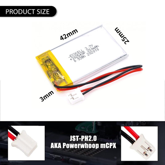 [PH2.0-JST Connector][302540] Universal 250mAh 3.7V Rechargeable Li-Ion Lithium Polymer Battery - Polar Tech Australia