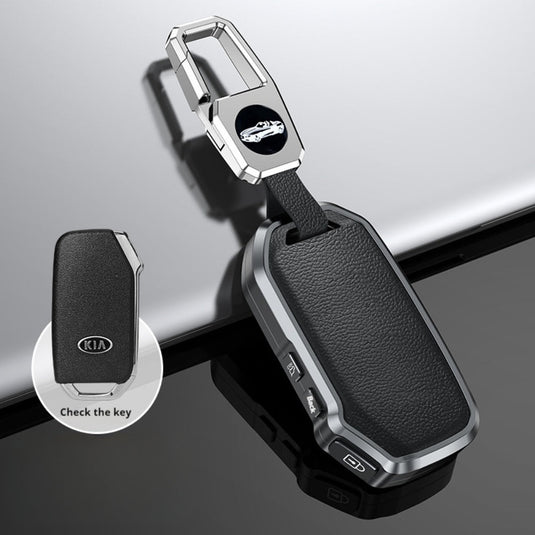 Kia Aluminum Alloy Genuine Leather Car Key Fob Case Cover For Sportage, EV6 GT, K3, K5, Optima, Cerato, Seltos, Sorento