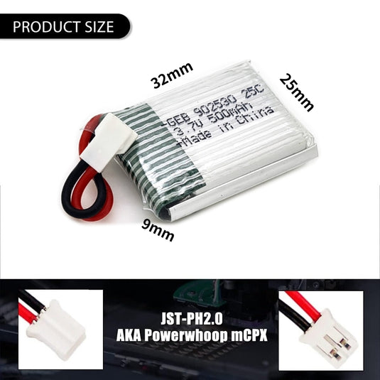 [PH2.0-JST Connector][902530] Universal 500mAh 3.7V Rechargeable Li-Ion Lithium Polymer Battery - Polar Tech Australia