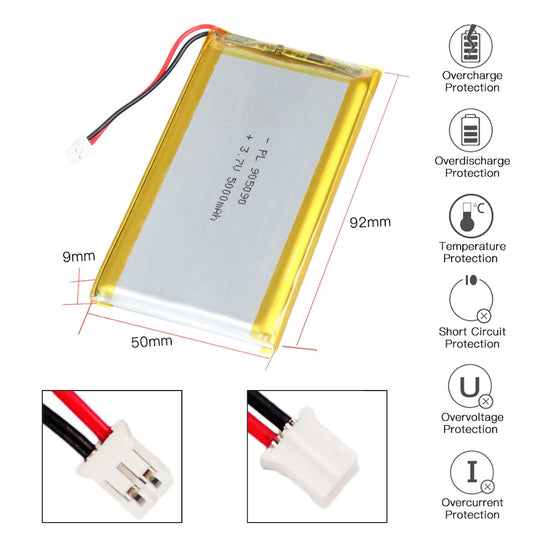 [PH2.0-JST Connector][905090] Universal 5000mAh 3.7V Rechargeable Li-Ion Lithium Polymer Battery - Polar Tech Australia
