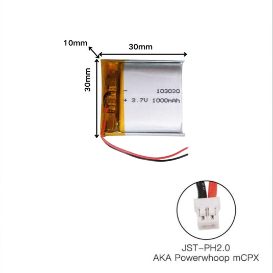 [PH2.0-JST Connector][103030] Universal 1000mAh 3.7V Rechargeable Li-Ion Lithium Polymer Battery - Polar Tech Australia