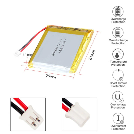 [PH2.0-JST Connector][115659] Universal 5000mAh 3.7V Rechargeable Li-Ion Lithium Polymer Battery - Polar Tech Australia