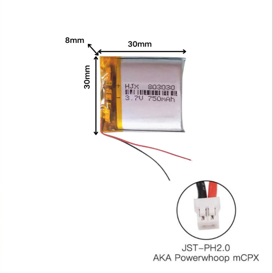 [PH2.0-JST Connector][803030] Universal 750mAh 3.7V Rechargeable Li-Ion Lithium Polymer Battery - Polar Tech Australia