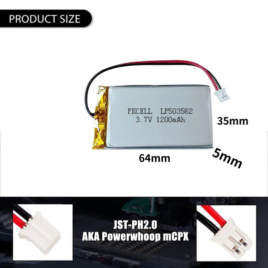 [PH2.0-JST Connector][503562] Universal 1200mAh 3.7V Rechargeable Li-Ion Lithium Polymer Battery - Polar Tech Australia