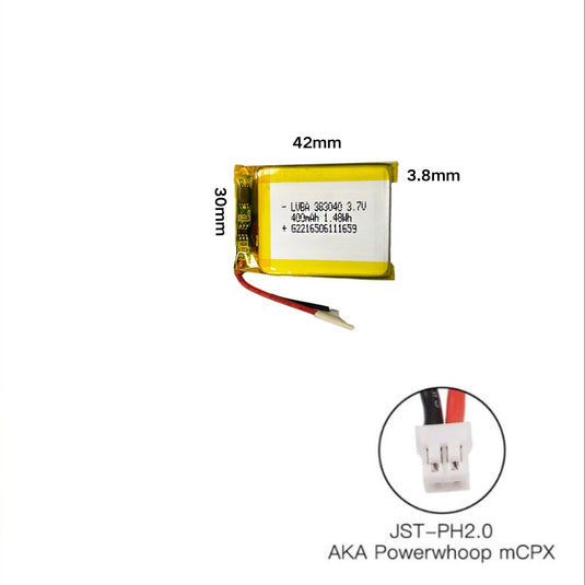 [PH2.0-JST Connector][383040] Universal 400mAh 3.7V Rechargeable Li-Ion Lithium Polymer Battery - Polar Tech Australia