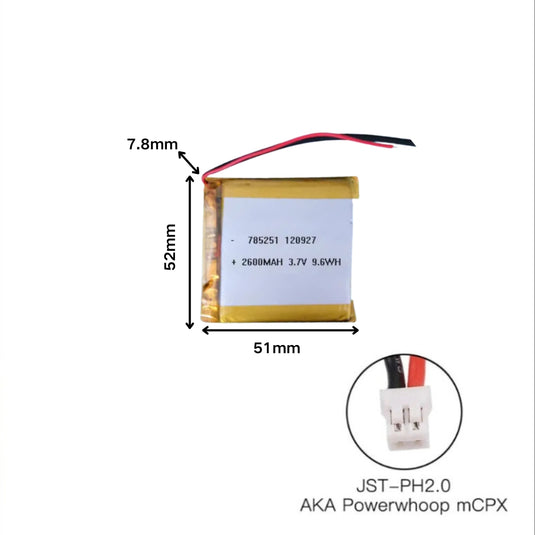 [PH2.0-JST Connector][785251] Universal 2600mAh 3.7V Rechargeable Li-Ion Lithium Polymer Battery - Polar Tech Australia