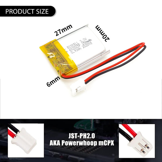 [PH2.0-JST Connector][602025] Universal 250mAh 3.7V Rechargeable Li-Ion Lithium Polymer Battery - Polar Tech Australia